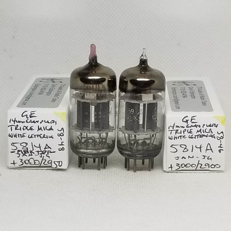 GE JAN 5814A Triple Mica Gray Plate, Well Matched (3.3%) Pair -Pink Top- NOS 12AU7 ECC82 5814 image 1