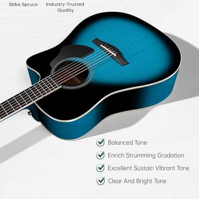 Solid Top Dreadnought Acoustic Guitar 41 Inches Spruce Guitar Beginner Bundle with Book, Padded Bag, Strings, Picks, Hexwrench, Strap, Polishing Cloth, Blue image 2