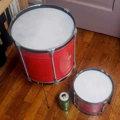 Pair of 1960s Noble & Cooley Tin Toy Tom + Floor Tom Drum - Red Steel w/Legs image 2