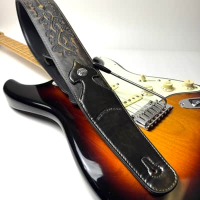 Walker & Williams LIP-06 Dark Rye Tan Carved Leather Spade Cut Strap with Tooled Cross and Thorns image 5
