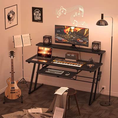 Music Production Studio Desk – Recording Workstation with Monitor Shelf, Keyboard Tray & Power Outlets image 4