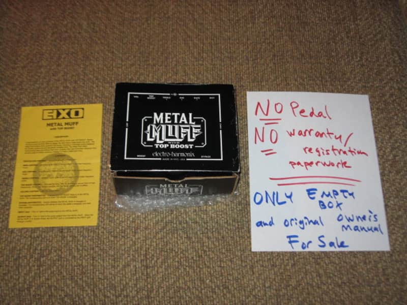 less than light average wear condition Electro Harmonix EMPTY BOX and original Owner's Manual ONLY for EXO Metal Muff with Top Boost pedal (NO pedal, NO warranty / registration paperwork) BOX: Cardboard / BOX Color: Black / GRAPHIC: Black & White, White image 1