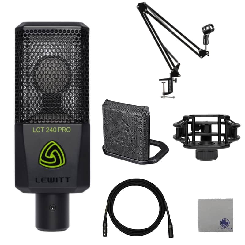 Lewitt LCT-240 Pro Cardioid Condenser Microphone with Lewitt LCT-40-SH Microphone Shock Mount, Lewitt LCT-50-PSX Pop Filter, Professional Grade XLR Cable, StreamEye BOOMARM1 and Polishing Cloth image 1
