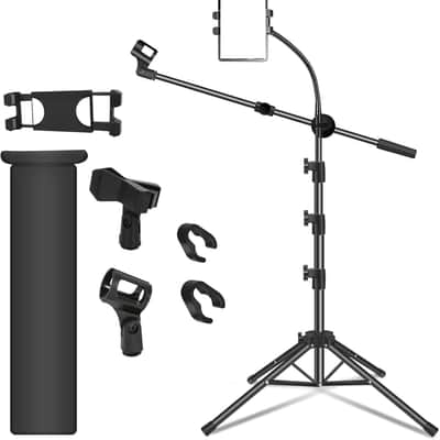 Mic Stand, Microphone Stand Floor Boom Mic Stand with Tablet Phone Holder Height Adjustable Four-legged Stand Gooseneck Boom Arm with 2 Mic Clips for Singing Stage Performance Party image 1