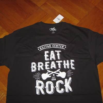 new in package A+ Guitar Center EAT BREATHE, ROCK Men's Size Large (L), Black 100% Cotton Short Sleeve T-Shirt - Graphic is in White and it says / shows: GUITAR CENTER EST. 1964, EAT, BREATHE, ROCK + has dual guitars, stars, & lines (Style # GC005-11730) image 7
