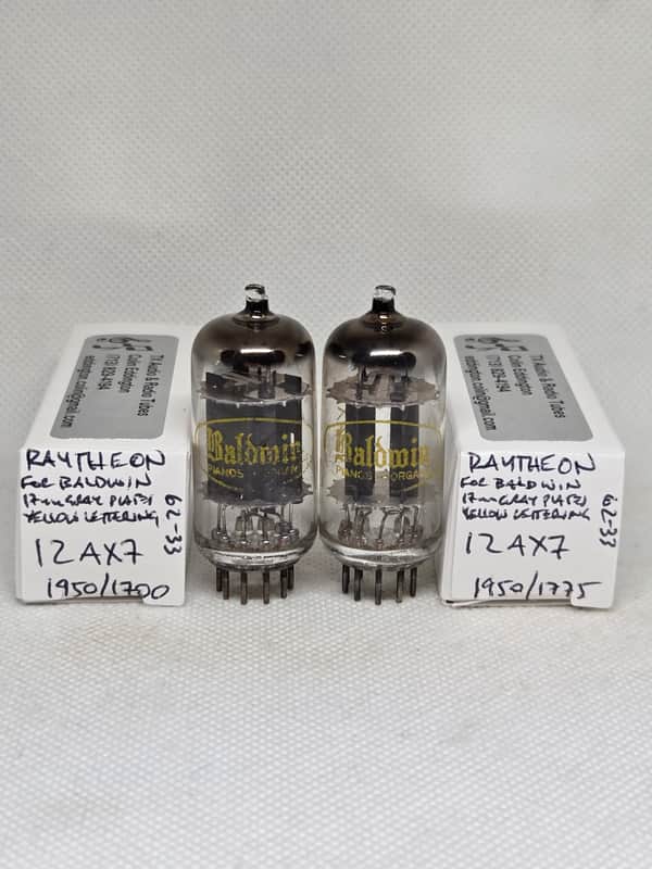Raytheon Made For Baldwin 1962 12AX7 Long Gray Plate Well Matched Pair NOS ECC83 12AX7A image 1