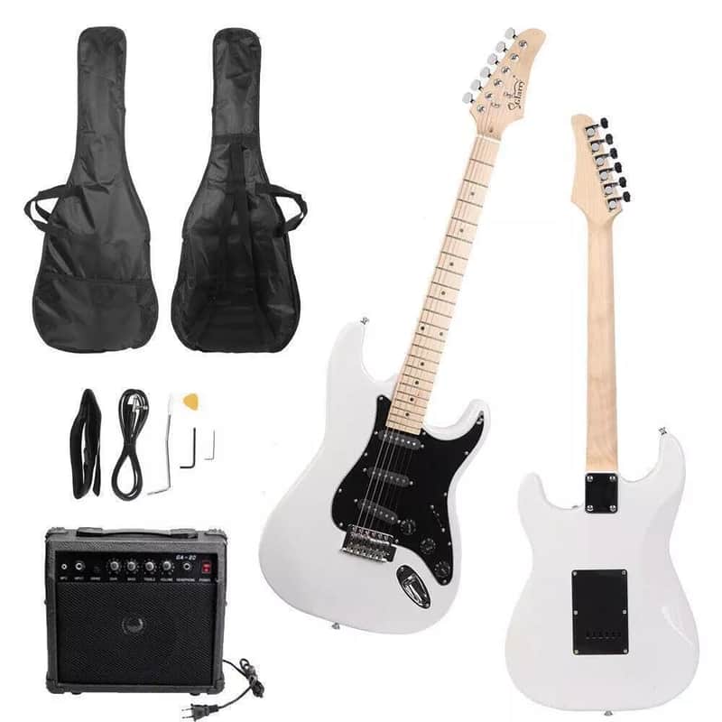 GST Electric Guitar Starter Kit – 6-String, Basswood Body, 20W Amp, White w/ Black Pickguard | Full Beginner Bundle image 1