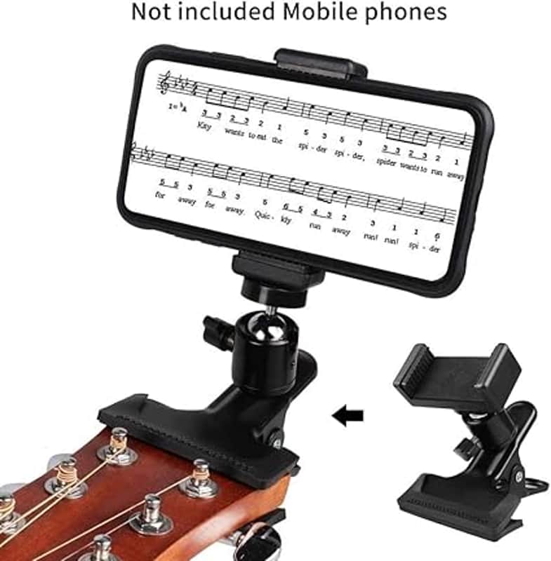 Guitar Head Clip Guitar Phone Holder Smartphone Guitar Capo 360 Rotation Headstock Cell Phone Clamp Clip Mount for Electric or Acoustic Guitars, Fits Smartphone with 2.16in-2.95in image 1