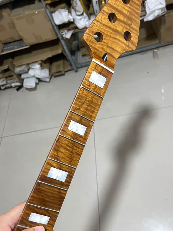 5-string electric bass neck jazz bass stainless steel 20 frets Roasted flame Maple guitar neck 34inch hole 18mm Pearl block image 1