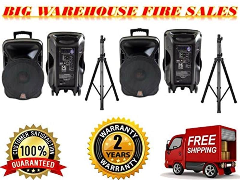 2 15" 4000W Bluetooth DSP FM Radio USB Portable PA DJ Speaker & Stands Pair image 1