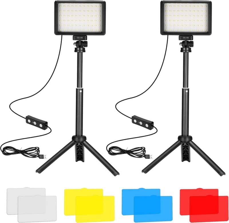 LED Video Light 2-Pack, 5600K Dimmable USB Photo Lights with Mini Tripod and Colored Filters for Photo Studios, Small Angle Shooting, Video Recording, Game Streaming image 1