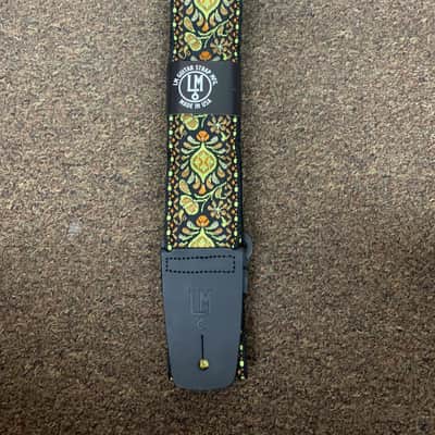 LM Jaquard yellow & orange RETRO pattern GUITAR strap NEW nylon - LEATHER ends image 1
