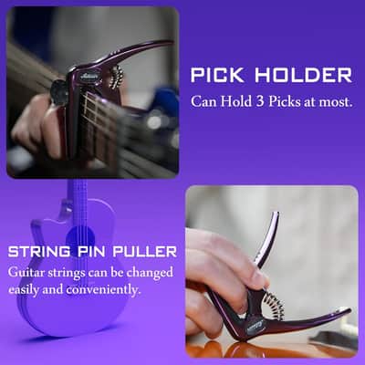 Exclusive Gradient ‘Royal Silk’ Purple Heavy-Duty Guitar Capo for Acoustic/Electric Guitar with 4 Picks, Guitar Clip/Guitar Clamp image 3