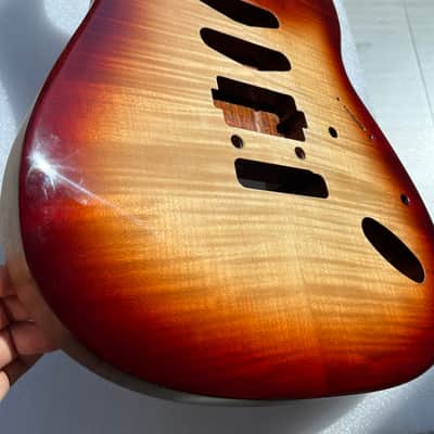 Vibrato system Strat Style Electric Guitar Body - Mahogany Core with 4a Flame Maple Top, Gloss 3-Color Sunburst Finish, S-S-H Pickup Routing, for DIY Build image 4