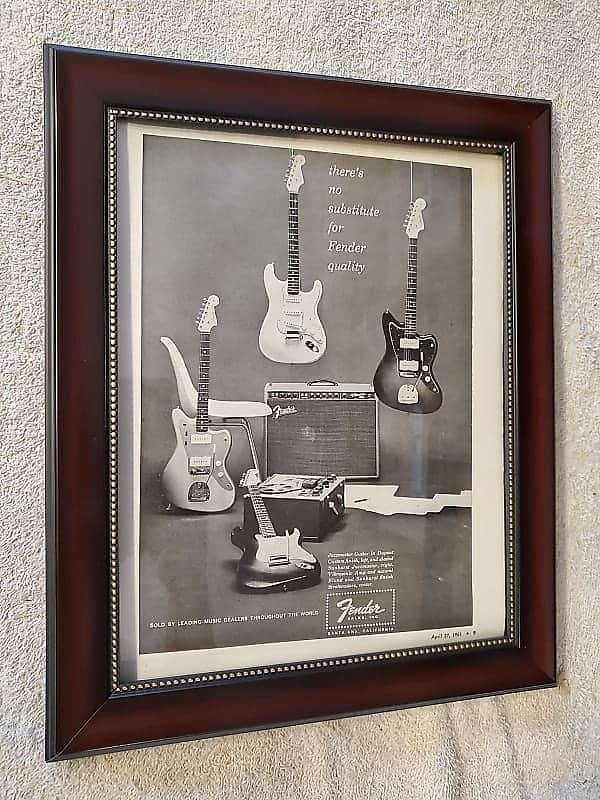 1960 Fender Guitars Promotional Ad Framed Stratocaster, Jazzmaster, Vibrosonic Amp Original image 1