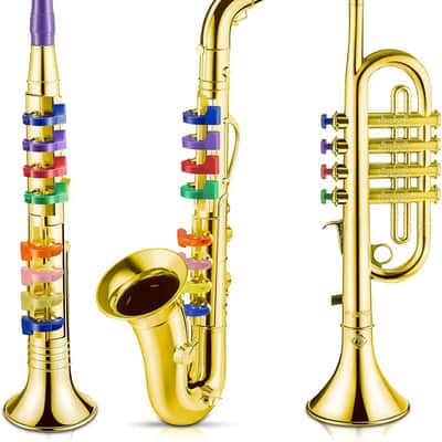 Lewtemi 3-Piece Kids Toy Instrument Set – Saxophone, Clarinet & Trumpet w/ 8 Color-Coded Keys | Music Learning Gift (Gold) image 1