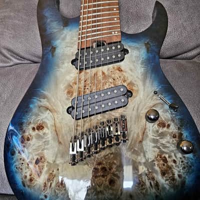 Ibanez RGMS8PB Multi-Scale 8 string cosmic blue burst over Maple burl veneer image 1