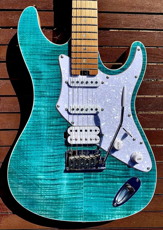 Aria Pro II 714-MK2 TQBL FULLERTON Turquoise Blue Flame Top Guitar