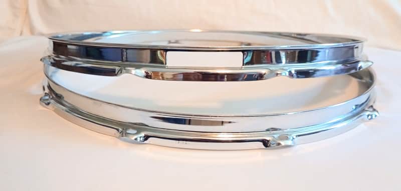 VINTAGE PEARL SNARE DRUM HOOPS PAIR 14"/10L 70's - CHROME - FREE SHIP TO C-USA! image 1