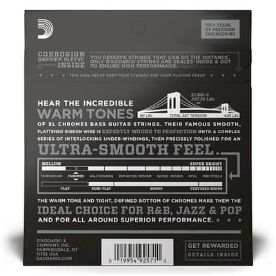 D'Addario Chromes 45-132 Stainless Steel Flatwound 5-String Bass Guitar Strings, Long Scale [ECB81-5] image 3