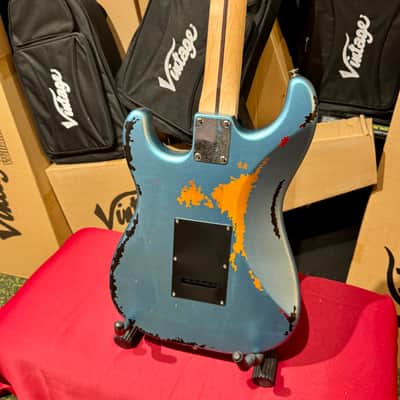 Vintage Guitars 30th Anniversary V6 Strat Overspray Relic  Super Flame Neck Lake Placid Gun Hill Blue image 10