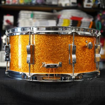 1970s USA Ludwig 6.5x14" Maple Snare Drum - Blue/Olive Badge - Gold Sparkle Wrap image 3
