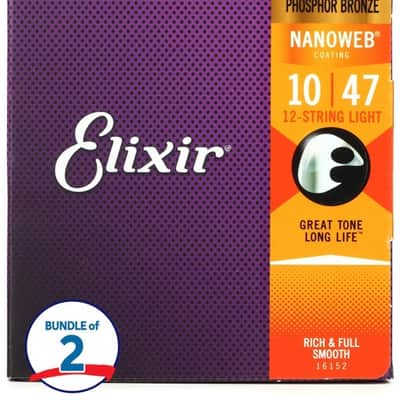Elixir Strings 16152 Nanoweb Phosphor Bronze Acoustic Guitar Strings - .010-.047 12-string Light (2-pack) image 2