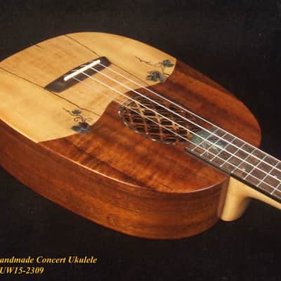 Handmade Pineapple Concert Ukulele, Solid Hawaiian Koa, Spalted Maple, Pineapple Soundhole, Soft-bag, Bruce Wei UW15-2309 image 7