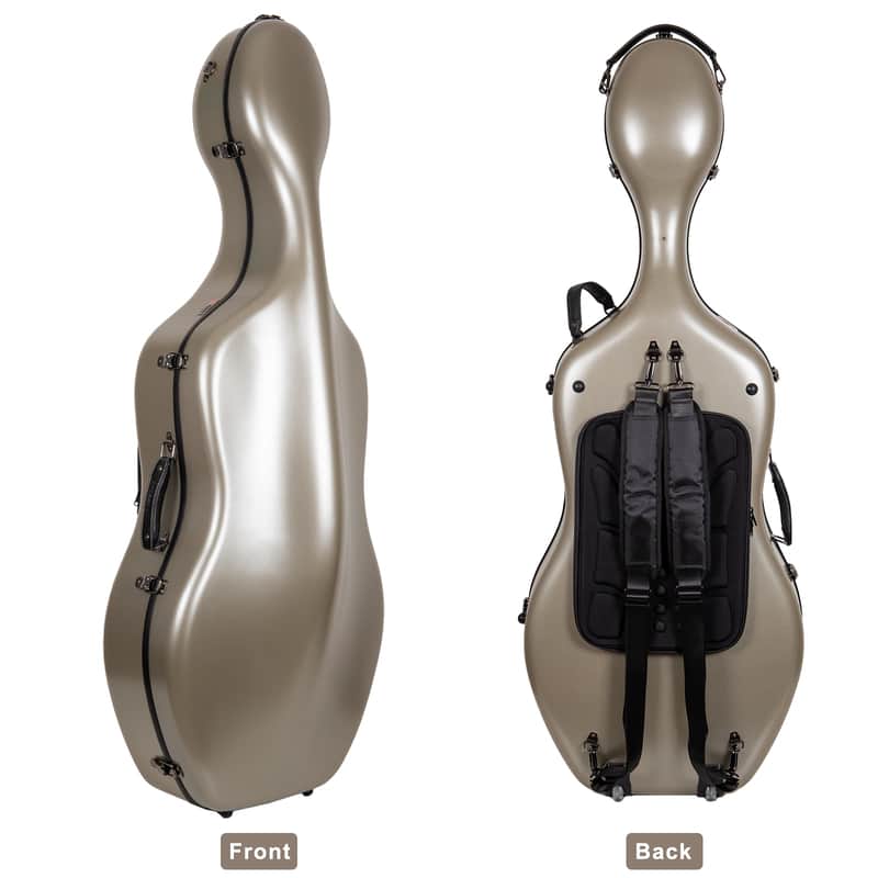 Crossrock Poly Carbon Case with Wheels fits 4/4 Full Size Cello, Includes Outside Music Pouch, 3 Handles, Detachable Straps-Champagne image 1