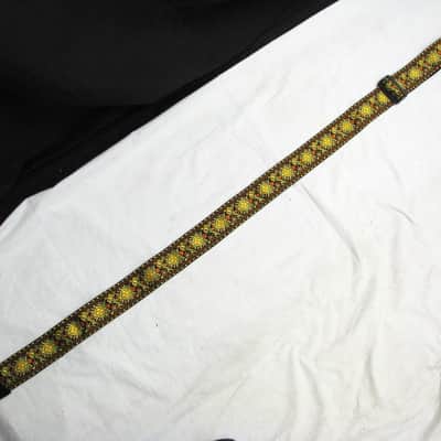 LM Jaquard yellow & orange RETRO pattern GUITAR strap NEW nylon - LEATHER ends image 3