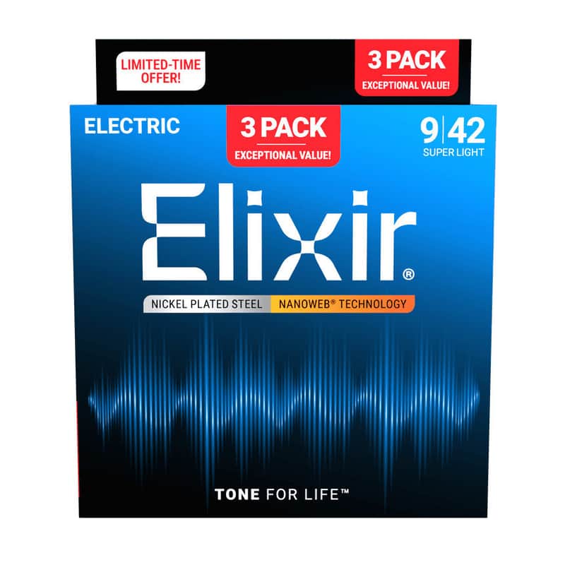 Elixir Electric Guitar Strings Nickel Plated Steel w/ NANOWEB Coating - Super Light 009-042 - 3 Pack image 1
