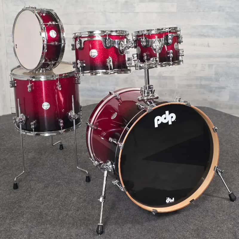 Used PDP Concept Maple 5pc Drum Set Red to Black Fade - Good image 1