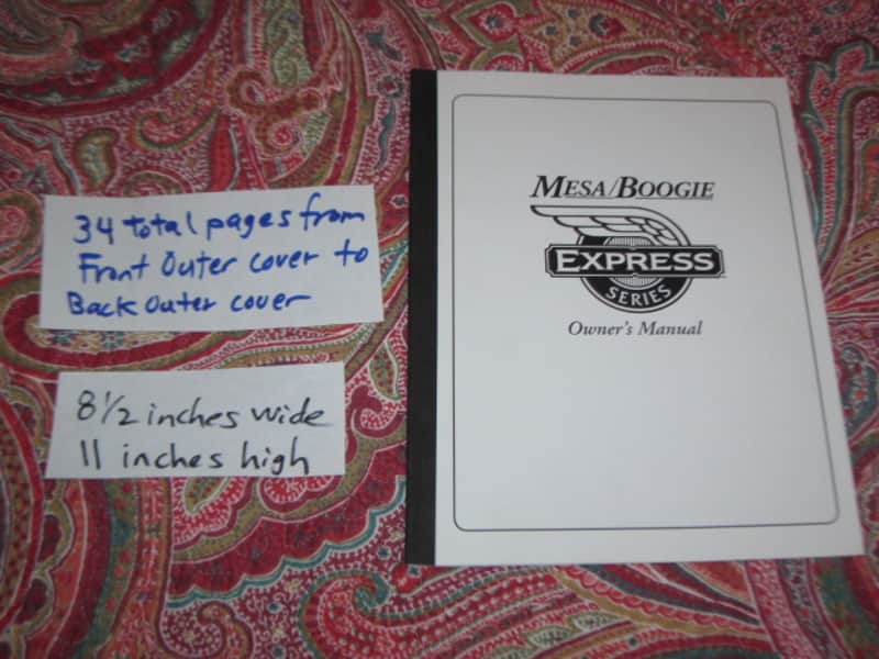 very near A+ (rarely handled) genuine Mesa Boogie Owner's Manual for Express Series 5:25 & 5:50  (NO amp included) from late 2000s/early 2010s, White Paper w/  Black Print/Graphics, 34 TOTAL pages Front Outer Cover to Back Outer Cover, 8 & 1/2" W x 11" H image 1