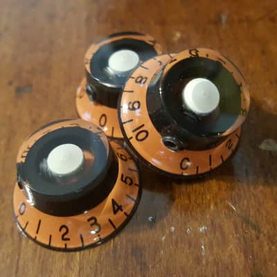 JAT CUSTOM GUITAR PARTS 3 Top Hat Knobs with set screw for smooth shaft pots. Orange / Black / Cream image 1