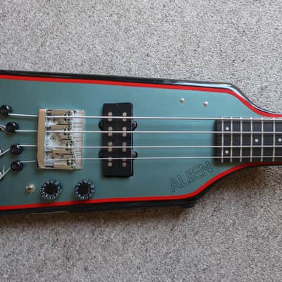 Vintage 1980s Hondo Rare Alien Headless Bass Blue With Red Stripe Logo MIJ Clean Kramer Duke Clone No Case image 2