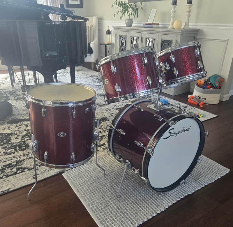 Slingerland Drum set 20,12,13,16 1970s - Maroon Sparkling Pearl image 1