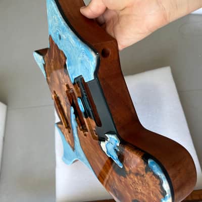 Vibrato system 24frets Handmade Custom Headless Guitar Body Neck Kit, Full Solid Mahogany Core, In-body Poured Marbled Blue Epoxy Resin & Burl Wood Grain, 5P Roasted Flamed Maple Neck with Truss Rod, Unfinished Build Your Own Electric Guitar "T contour" image 6