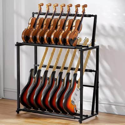 2-Tier Adjustable Guitar Display Rack | Foldable Guitar, Ukulele, and Violin Holder Stand – Holds Up to 14 Instruments with Anti-Scratch Protection image 2