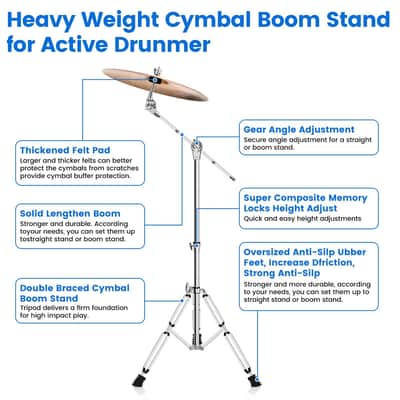 Cymbal Stand, Adjustable Cymbal Stand for Drum Hardware Percussion Mount Holder Gear Set Drum Hardware Set for Mounting Crash, Ride, Splash Cymbals, Double Braced Legs with Rubber Feet image 6