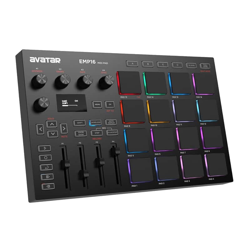 Midi Pad Controller Beat Maker Machine With Bluetooth, 16 Rgb Velocity Sensitive Beat Pads, 16 Level, Full/Half Level, Oled Display, Midi In/Out image 1