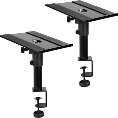 Clamp-on Speaker Stand Desk Mount Set, 10 x 9 inch Trays, Height Adjustment and Tilt, Universal Audio Holders for Computer and Bookshelf Speakers, Elevated Sound, 2 Pack, Black, MOUNT-SP01CB image 1