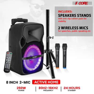 5 Core Party Speaker 2Pc Bluetooth 250W Active Rechargeable Outdoor PA DJ System w 2 Wireless Mic image 2