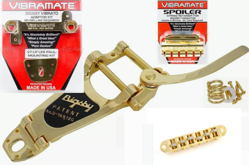 SALE! Bigsby Gold B7 Tremolo & Vibe V7 String Spoiler, Allparts roller bridge fits Gibson Les Paul image 1