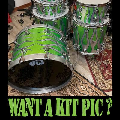 Rikki Rockett's Poison 2022 Stadium Tour DW 6-Piece Drum Set, Green/Silver Sparkle Flame. SIGNED! image 14