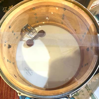 1940s Slingerland Super Gene Krupa Radio King 7x14” 16-Lug Solid Maple Snare, Aluminum War Time Badge - White Marine Pearl image 12