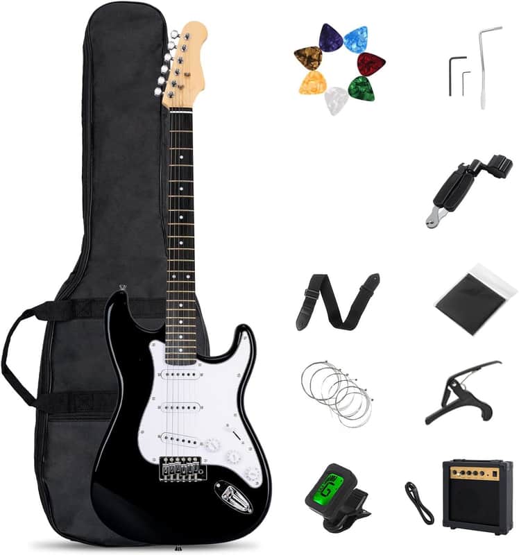 39 Inches Full Size Electric Guitar Beginner Electric Guitar Kits with 10W Amp Classic SSS Pickup Complete with Gig Bag Tuner Capo Strap Picks Guitar String Winders Black image 1