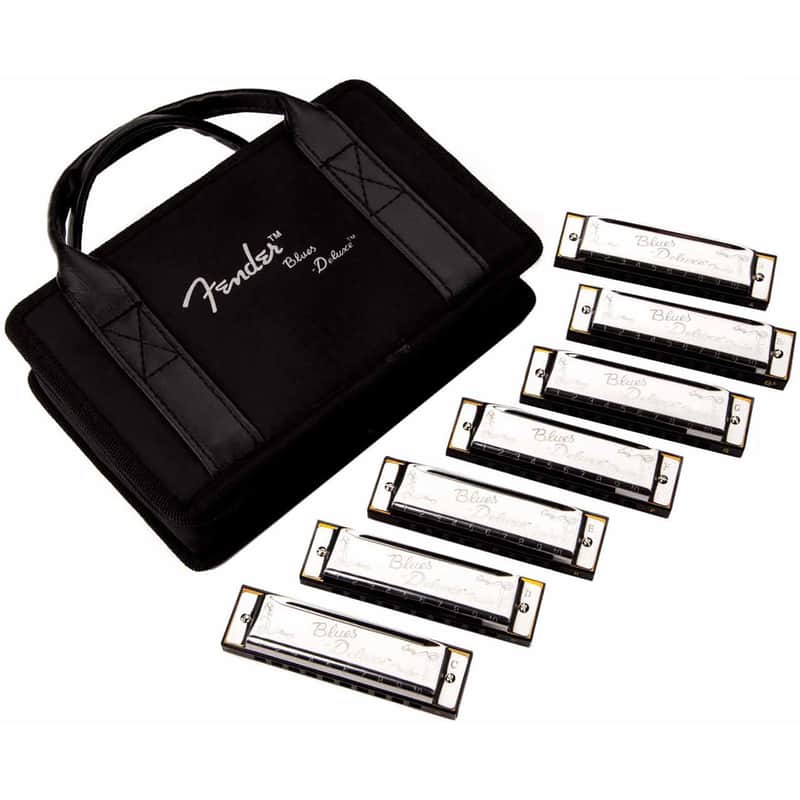 Fender Blues Deluxe 10-Hole Diatonic Harmonica 7-Pack with Case, Key of C, G, A, D, F, E, Bb image 1