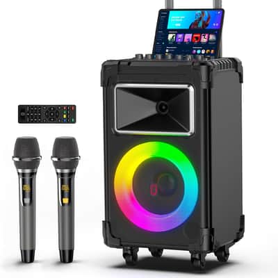 Karaoke Machine with 2 Wireless Mics, 10" Woofer 500W Peak Power Big Portable Bluetooth Speaker with Bass/Treble Adjustment, PA System with Remote Control, LED Lights, Rolling Wheels and Trolley image 1