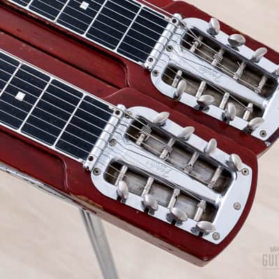 1955 Fender Stringmaster Dual 8 Console Lap Steel Double Neck Push Button, Red w/ Legs & Tweed Case image 4