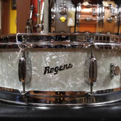 1960s Rogers 5x14 Powertone Snare Drum in White Marine Pearl image 1
